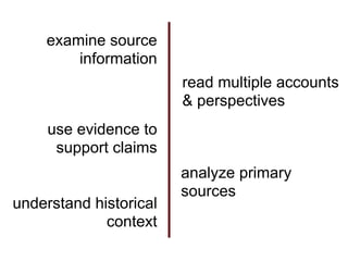 examine source
        information
                        read multiple accounts
                        & perspectives
     use evidence to
      support claims
                        analyze primary
                        sources
understand historical
             context
 