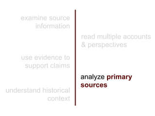 examine source
        information
                        read multiple accounts
                        & perspectives
     use evidence to
      support claims
                        analyze primary
                        sources
understand historical
             context
 