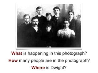 What is happening in this photograph?
How many people are in the photograph?
          Where is Dwight?
 