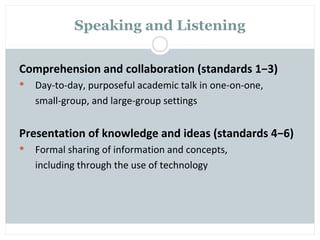 Speaking and Listening

Comprehension and collaboration (standards 1−3)
   Day-to-day, purposeful academic talk in one-on-one,
    small-group, and large-group settings


Presentation of knowledge and ideas (standards 4−6)
   Formal sharing of information and concepts,
    including through the use of technology
 