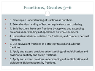 Fractions, Grades 3–6

   3. Develop an understanding of fractions as numbers.
   4. Extend understanding of fraction equivalence and ordering.
   4. Build fractions from unit fractions by applying and extending
    previous understandings of operations on whole numbers.
   4. Understand decimal notation for fractions, and compare decimal
    fractions.
   5. Use equivalent fractions as a strategy to add and subtract
    fractions.
   5. Apply and extend previous understandings of multiplication and
    division to multiply and divide fractions.
   6. Apply and extend previous understandings of multiplication and
    division to divide fractions by fractions.
 