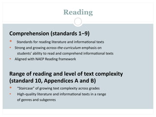 Reading


Comprehension (standards 1−9)
    Standards for reading literature and informa=onal texts
    Strong and growing across‐the‐curriculum emphasis on
      students’ ability to read and comprehend informa=onal texts
    Aligned with NAEP Reading framework



Range of reading and level of text complexity
(standard 10, Appendices A and B)
  “Staircase” of growing text complexity across grades
    High‐quality literature and informa=onal texts in a range
     of genres and subgenres
 