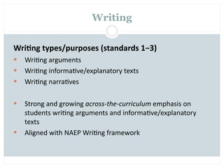 Writing


Wri2ng types/purposes (standards 1−3)
   Wri=ng arguments
   Wri=ng informa=ve/explanatory texts
   Wri=ng narra=ves

   Strong and growing across‐the‐curriculum emphasis on 
    students wri=ng arguments and informa=ve/explanatory 
    texts
   Aligned with NAEP Wri=ng framework
 