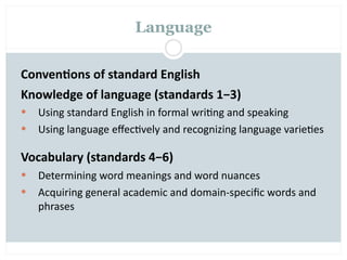 Language


Conven2ons of standard English
Knowledge of language (standards 1−3)
   Using standard English in formal wri=ng and speaking
   Using language eﬀec=vely and recognizing language varie=es

Vocabulary (standards 4−6)
   Determining word meanings and word nuances
   Acquiring general academic and domain‐speciﬁc words and 
    phrases
 