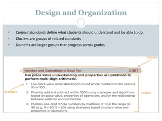 Design and Organization

   Content standards deﬁne what students should understand and be able to do
   Clusters are groups of related standards
   Domains are larger groups that progress across grades
 