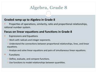Algebra, Grade 8

Graded ramp up to Algebra in Grade 8
   Proper=es of opera=ons, similarity, ra=o and propor=onal rela=onships, 
ra=onal number system.
Focus on linear equa2ons and func2ons in Grade 8
      Expressions and Equa=ons
      Work with radicals and integer exponents.

      Understand the connec=ons between propor=onal rela=onships, lines, and linear 
     equa=ons.
      Analyze and solve linear equa=ons and pairs of simultaneous linear equa=ons.

  Func=ons
      Deﬁne, evaluate, and compare func=ons.

      Use func=ons to model rela=onships between quan==es.
 