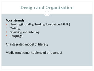 Design and Organization


Four strands
   Reading (including Reading Founda=onal Skills)
   Wri=ng
   Speaking and Listening
   Language

An integrated model of literacy

Media requirements blended throughout
 