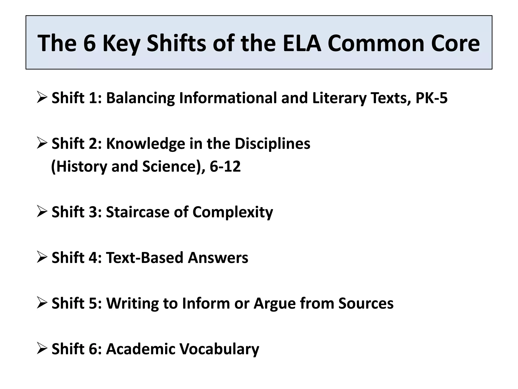 The 6 Key Shifts of the ELA Common Core

 Shift 1: Balancing Informational and Literary Texts, PK-5

 Shift 2: Knowledge in the Disciplines
  (History and Science), 6-12

 Shift 3: Staircase of Complexity

 Shift 4: Text-Based Answers

 Shift 5: Writing to Inform or Argue from Sources

 Shift 6: Academic Vocabulary
 