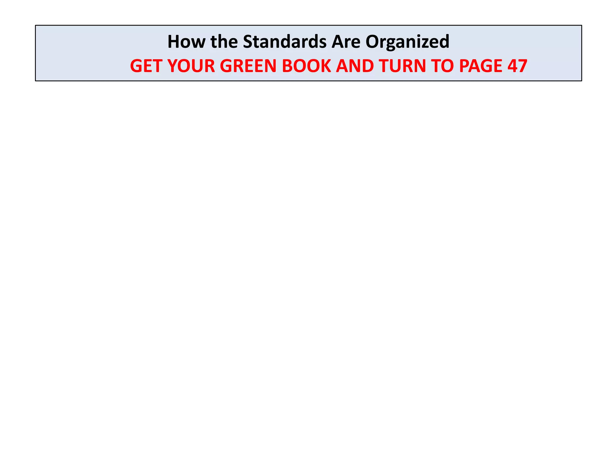 How the Standards Are Organized
GET YOUR GREEN BOOK AND TURN TO PAGE 47
 