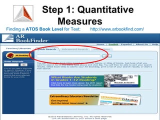 Step 1: Quantitative
                   Measures
Finding a ATOS Book Level for Text:   http://www.arbookfind.com/




                                                               19
 