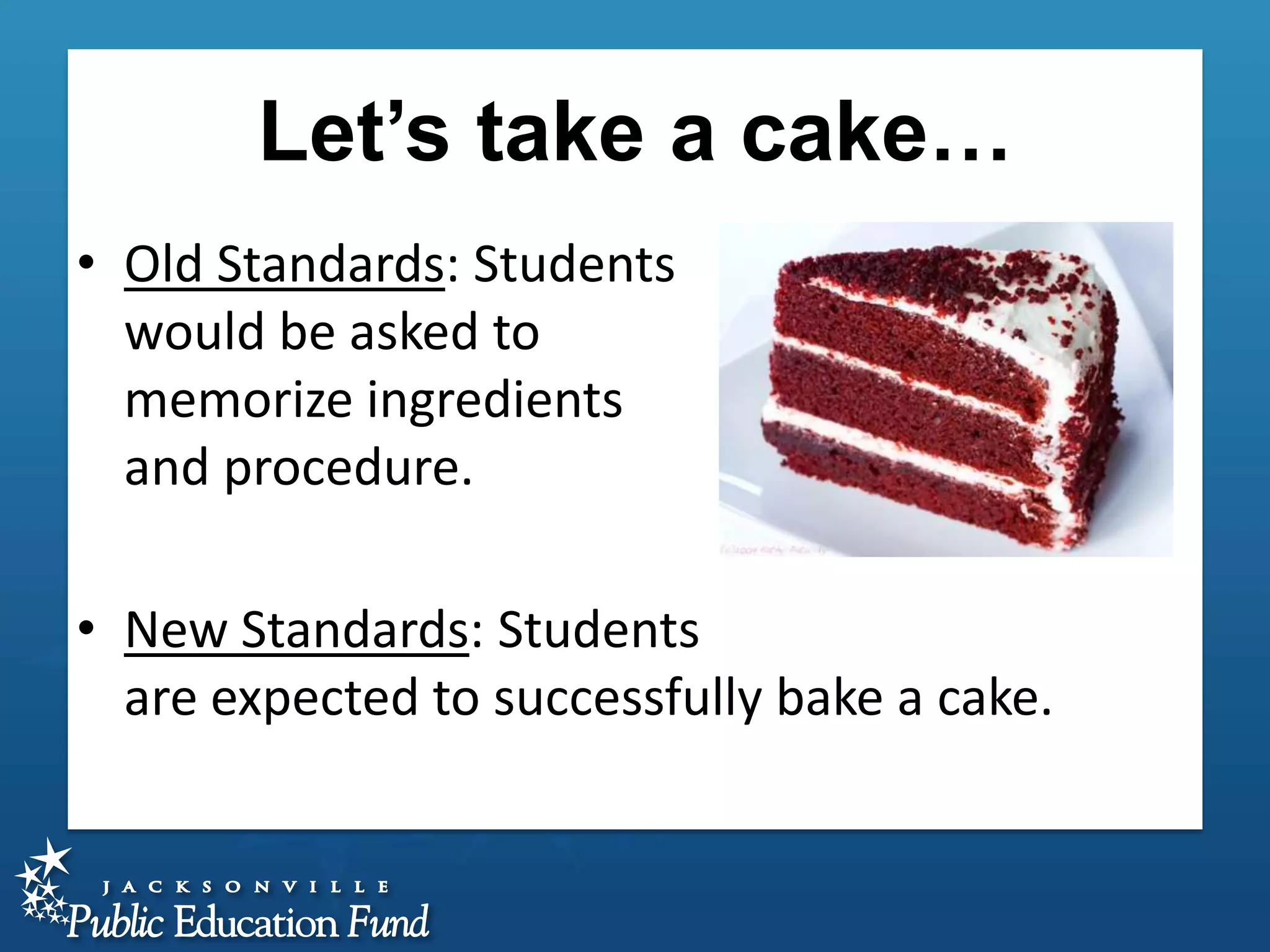 Let’s take a cake…
• Old Standards: Students
would be asked to
memorize ingredients
and procedure.
• New Standards: Students
are expected to successfully bake a cake.

 