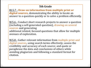 5
                         ‍ th Grade
RI.5.7 - Draw on information from multiple print or
digital sources, demonstrating the ability to locate an
answer to a question quickly or to solve a problem efficiently.

W.5.6 - Conduct short research projects to answer a question
(including a self-generated question), drawing on several
sources and generating
additional related, focused questions that allow for multiple
avenues of exploration.

W.5.8 - Gather relevant information from multiple print and
digital sources, using search terms effectively; assess the
credibility and accuracy of each source; and quote or
paraphrase the data and conclusions of others while
avoiding plagiarism and following a standard format for
citation.
 