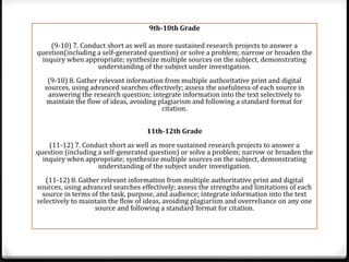 9th-10th Grade

    (9-10) 7. Conduct short as well as more sustained research projects to answer a
question(including a self-generated question) or solve a problem; narrow or broaden the
 inquiry when appropriate; synthesize multiple sources on the subject, demonstrating
                   understanding of the subject under investigation.
   (9-10) 8. Gather relevant information from multiple authoritative print and digital
  sources, using advanced searches effectively; assess the usefulness of each source in
   answering the research question; integrate information into the text selectively to
   maintain the flow of ideas, avoiding plagiarism and following a standard format for
                                         citation.


                                   11th-12th Grade
    (11-12) 7. Conduct short as well as more sustained research projects to answer a
question (including a self-generated question) or solve a problem; narrow or broaden the
  inquiry when appropriate; synthesize multiple sources on the subject, demonstrating
                    understanding of the subject under investigation.
   (11-12) 8. Gather relevant information from multiple authoritative print and digital
sources, using advanced searches effectively; assess the strengths and limitations of each
  source in terms of the task, purpose, and audience; integrate information into the text
selectively to maintain the flow of ideas, avoiding plagiarism and overreliance on any one
                   source and following a standard format for citation.
 