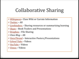 Collaborative Sharing
0   Wikispaces– Class Wiki or Currate Information
0   Twitter – All
0   Livebinders – Sharing resources or summarizing learning
0   Skype – Book Trailers and Presentations
0   Dropbox – File Sharing
0   Class Blog – All
0   VoiceThread – Interactive Posters/Presentations
0   School Tube – Videos
0   YouTube – Videos
0   Vimeo – Videos
 