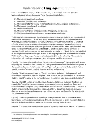 Working(Draft(5.30.12(by(T.(Cheuk( 
ell.stanford.edu( 
2 
termed(student(“capacities”,(not(the(same(labeling(as(“practices”(as(seen(in(both(the( 
Mathematics(and(Science(Standards.(These(ELA(capacities(include2:( 
E1. They(demonstrate(independence.( 
E2. They(build(strong(content(knowledge.( 
E3. They(respond(to(the(varying(demands(of(audience,(task,(purpose,(and(discipline.( 
E4. They(comprehend(as(well(as(critique.( 
E5. They(value(evidence.( 
E6. They(use(technology(and(digital(media(strategically(and(capably.( 
E7. They(come(to(understanding(other(perspectives(and(cultures.( 
Within(each(of(these(capacities,(there(is(explicit(reference(to(what(students(are(expected(to(do( 
within(the(ELA(discipline.(E1(is(the(most(broad(and(encompassing(of(the(student(capacities.(( 
Within(E1,(students(are(expected(to:(“comprehend(and(evaluate(complex(texts,(…(construct( 
effective(arguments,(and(convey(…(information.(…(discern(a(speaker’s(key(points,(request( 
clarification,(and(ask(relevant(questions.([Students](build+on(others’(ideas,(articulate+their(own( 
ideas,(and(confirm(they(have(been(understood.(…([Students](demonstrate(command(of( 
standard(English(and(acquire(and(use(a(wide.ranging(vocabulary.(…”(The(italicized(verbs((added( 
by(author)(found(in(the(E1(descriptor(attend(to(the(language(demands(expected(from(students.( 
Within(the(Venn(diagram,(we’ve(summarized(capacity((E1)(as(the(following,(“Demonstrate( 
independence(in(reading(complex(texts,(and(writing(and(speaking(about(them.”( 
Capacity(E2(is(centered(around(building(“strong(content(knowledge”(“by(engaging(with(works( 
of(quality(and(substance.”(This(capacity(sits(clearly(at(the(intersection(of(the(three(disciplines(as( 
the(focus(is(on(how(students(interact(with(and(“gain(both(general(knowledge(and(discipline. 
specific(expertise”(through(reading,(listening,(writing,(and(speaking.( 
Capacity(E3(has(been(paraphrased(to(“Obtain,(synthesize,(and(report(findings(clearly(and( 
effectively(in(response(to(task(and(purpose.”((The(intent(of(this(paraphrase(was(to(clarify(how( 
students(would(“respond(to(the(varying(demands(of(audience,(task,(purpose,(and(discipline.”( 
Capacity(E4(and(E5(centers(around(the(issue(of(argumentation(and(evidence.((Students(are( 
expected(to(“question(…(assumptions(and(premises(and(assess(the(veracity(of(claims(and( 
soundness(of(reasoning((E4)([and](constructively(evaluate(others’(use(of(evidence.”(This(level(of( 
student(engagement(with(the(content(cross.cuts(all(three(disciplines.(As(seen(in(the(Venn( 
diagram,(argumentation(and(reasoning(from(evidence(are(also(highlighted(in(the(Mathematics( 
and(Science(Standards.(( 
Capacity(E6(advantages(the(use(of(technology(and(digital(media(tools(to(support(student( 
learning(and(communications(with(others.(These(tools(are(meant(to(assist(in(amplified(student( 
learning,(and(provide(addition(access(to(rich(content(learning(opportunities.( 
Capacity(E7(is(centered(around(the(importance(of(perspective(taking(and(diversity(of(cultures.( 
2 The numbering of these capacities has been added by the author for reference purposes. 
 
