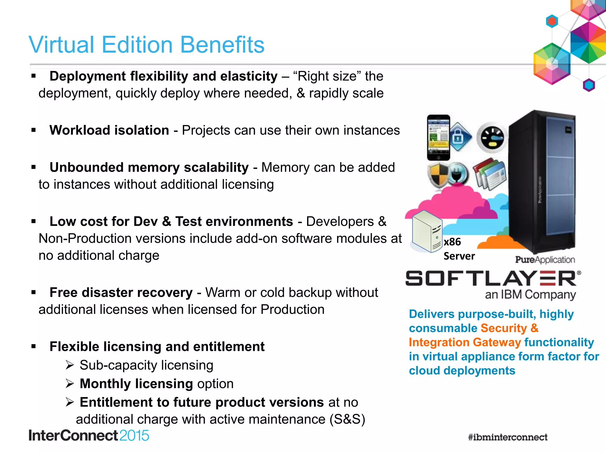  Deployment flexibility and elasticity – “Right size” the
deployment, quickly deploy where needed, & rapidly scale
 Workload isolation - Projects can use their own instances
 Unbounded memory scalability - Memory can be added
to instances without additional licensing
 Low cost for Dev & Test environments - Developers &
Non-Production versions include add-on software modules at
no additional charge
 Free disaster recovery - Warm or cold backup without
additional licenses when licensed for Production
 Flexible licensing and entitlement
 Sub-capacity licensing
 Monthly licensing option
 Entitlement to future product versions at no
additional charge with active maintenance (S&S)
x86
Server
Delivers purpose-built, highly
consumable Security &
Integration Gateway functionality
in virtual appliance form factor for
cloud deployments
Virtual Edition Benefits
 