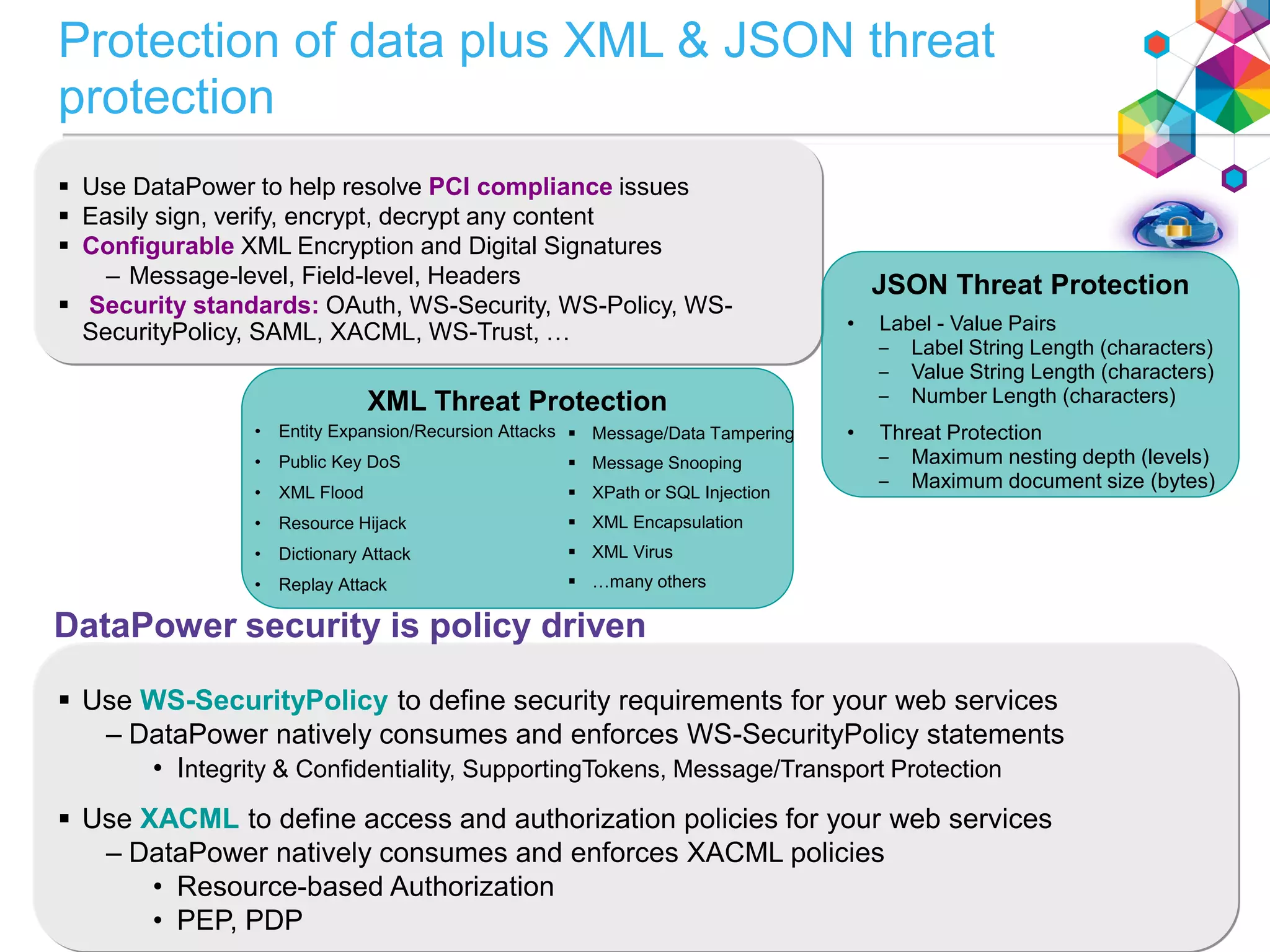 Protection of data plus XML & JSON threat
protection
 Use DataPower to help resolve PCI compliance issues
 Easily sign, verify, encrypt, decrypt any content
 Configurable XML Encryption and Digital Signatures
– Message-level, Field-level, Headers
 Security standards: OAuth, WS-Security, WS-Policy, WS-
SecurityPolicy, SAML, XACML, WS-Trust, …
 Use WS-SecurityPolicy to define security requirements for your web services
– DataPower natively consumes and enforces WS-SecurityPolicy statements
• Integrity & Confidentiality, SupportingTokens, Message/Transport Protection
 Use XACML to define access and authorization policies for your web services
– DataPower natively consumes and enforces XACML policies
• Resource-based Authorization
• PEP, PDP
DataPower security is policy driven
XML Threat Protection
• Entity Expansion/Recursion Attacks
• Public Key DoS
• XML Flood
• Resource Hijack
• Dictionary Attack
• Replay Attack
 Message/Data Tampering
 Message Snooping
 XPath or SQL Injection
 XML Encapsulation
 XML Virus
 …many others
JSON Threat Protection
• Label - Value Pairs
‒ Label String Length (characters)
‒ Value String Length (characters)
‒ Number Length (characters)
• Threat Protection
‒ Maximum nesting depth (levels)
‒ Maximum document size (bytes)
 
