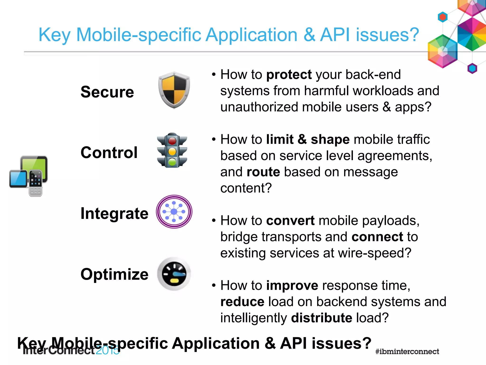 • How to protect your back-end
systems from harmful workloads and
unauthorized mobile users & apps?
• How to limit & shape mobile traffic
based on service level agreements,
and route based on message
content?
• How to convert mobile payloads,
bridge transports and connect to
existing services at wire-speed?
• How to improve response time,
reduce load on backend systems and
intelligently distribute load?
Key Mobile-specific Application & API issues?
Secure
Control
Integrate
Optimize
Key Mobile-specific Application & API issues?
 