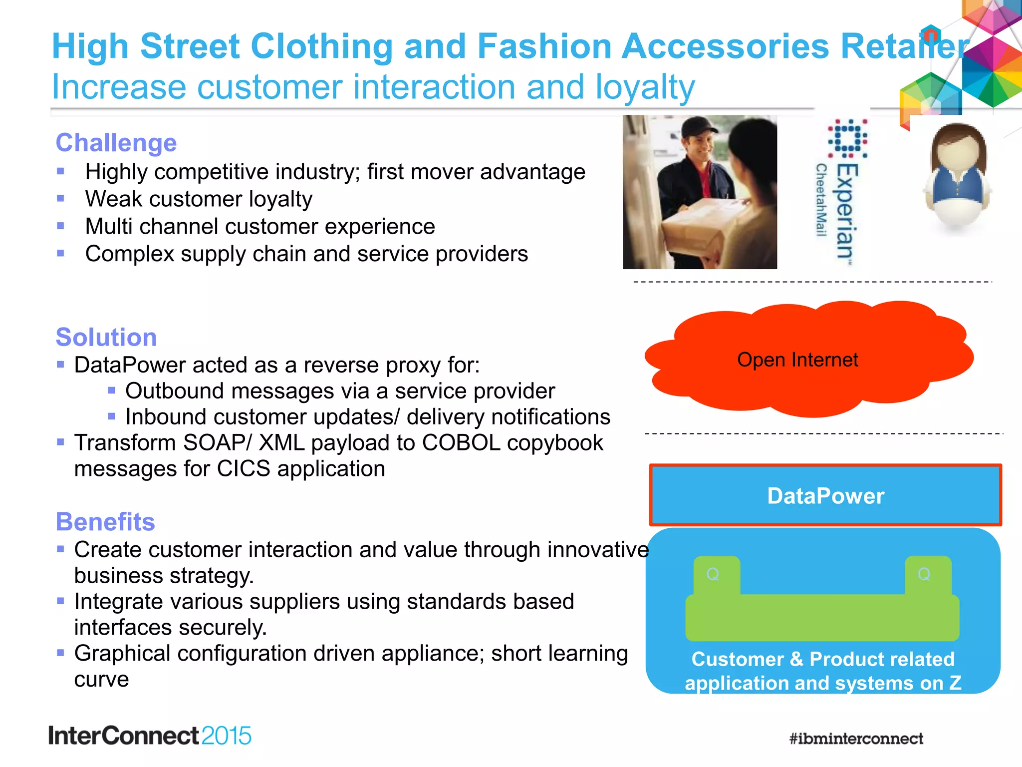 Customer & Product related
application and systems on Z
High Street Clothing and Fashion Accessories Retailer
Increase customer interaction and loyalty
Solution
 DataPower acted as a reverse proxy for:
 Outbound messages via a service provider
 Inbound customer updates/ delivery notifications
 Transform SOAP/ XML payload to COBOL copybook
messages for CICS application
Benefits
 Create customer interaction and value through innovative
business strategy.
 Integrate various suppliers using standards based
interfaces securely.
 Graphical configuration driven appliance; short learning
curve
Challenge
 Highly competitive industry; first mover advantage
 Weak customer loyalty
 Multi channel customer experience
 Complex supply chain and service providers
DataPower
Q
Open Internet
Q
 