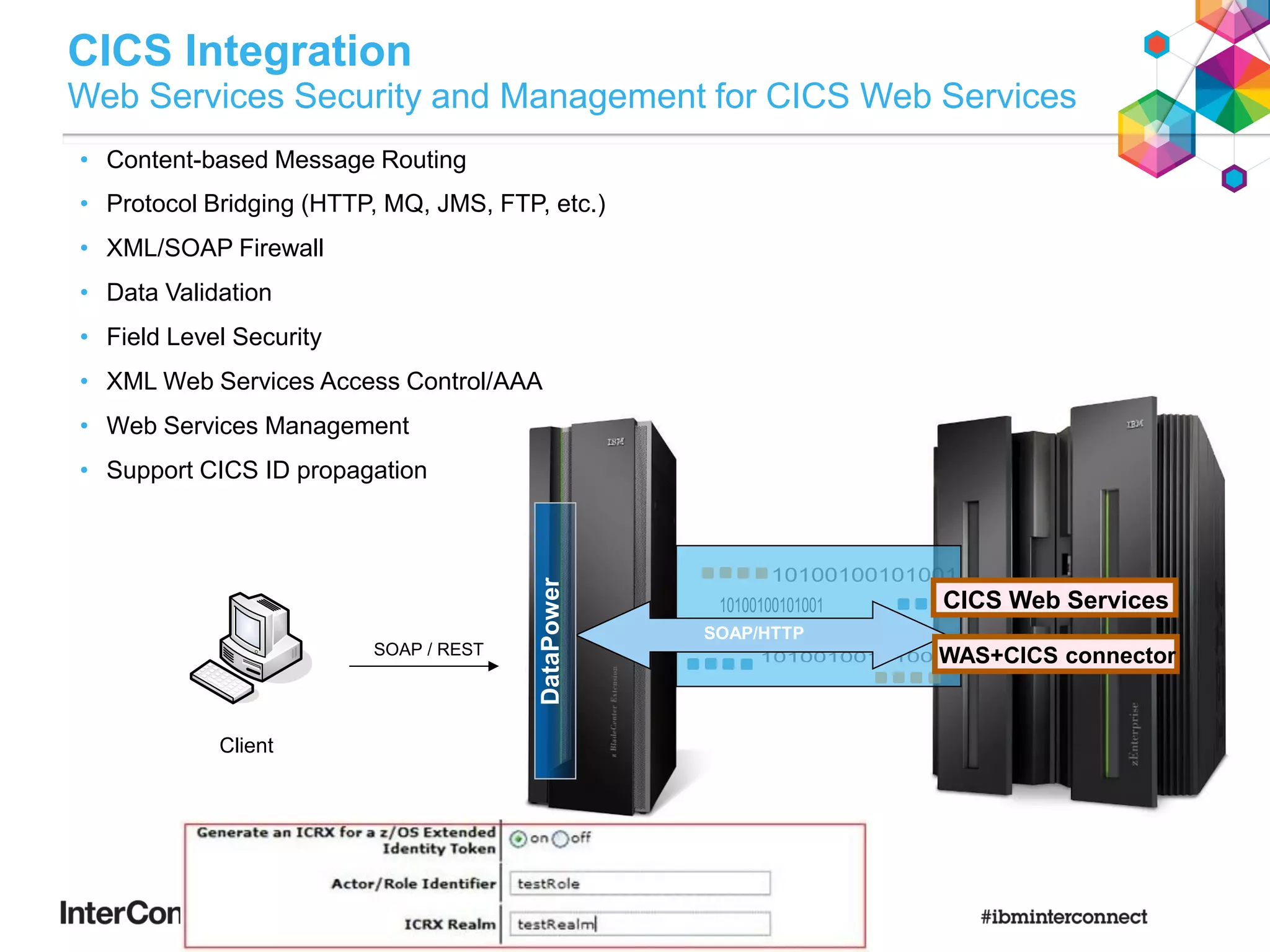 CICS Integration
Web Services Security and Management for CICS Web Services
• Content-based Message Routing
• Protocol Bridging (HTTP, MQ, JMS, FTP, etc.)
• XML/SOAP Firewall
• Data Validation
• Field Level Security
• XML Web Services Access Control/AAA
• Web Services Management
• Support CICS ID propagation
Client
SOAP / REST
`
SOAP/HTTP
CICS Web Services
WAS+CICS connector
DataPower
 