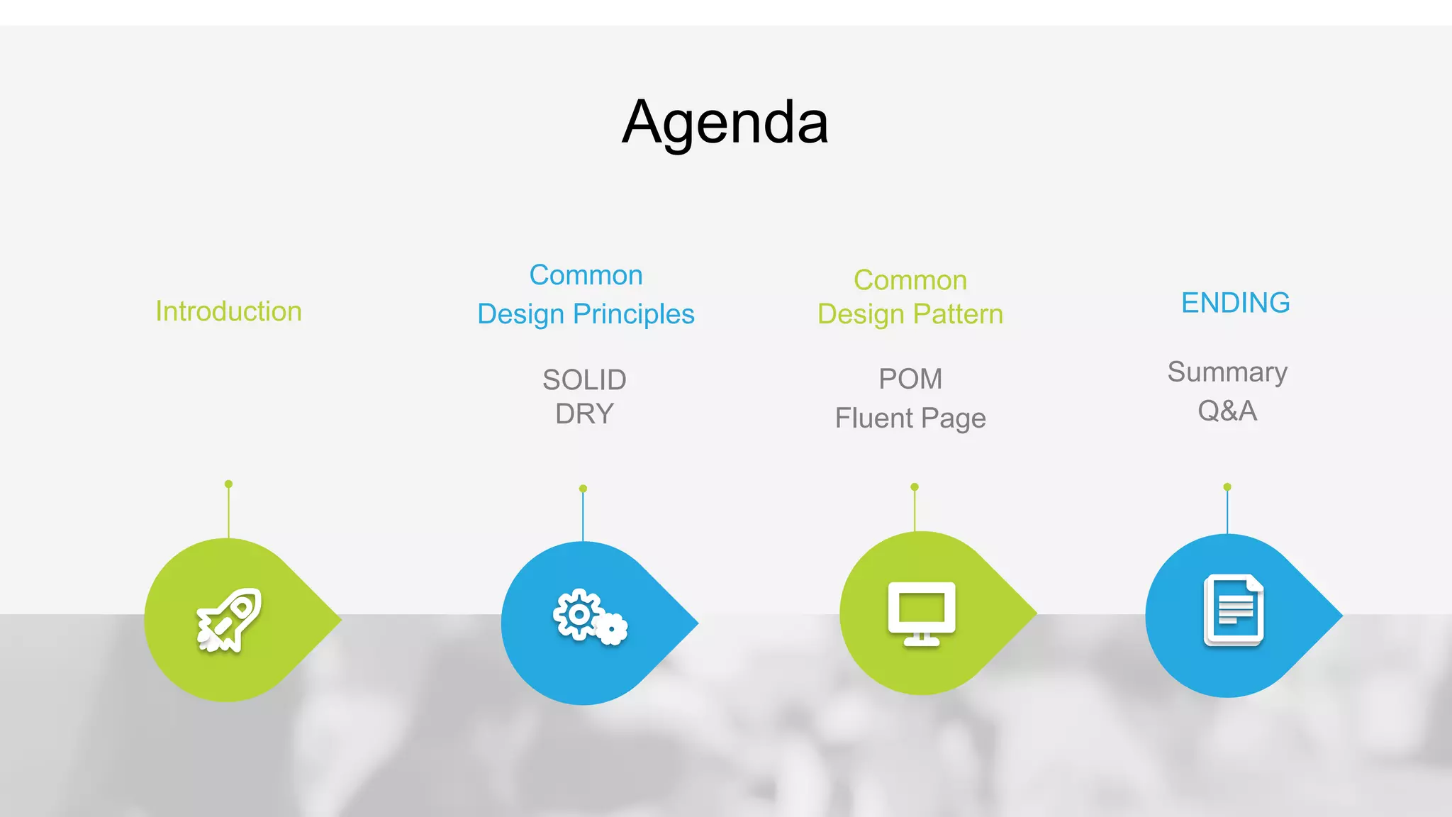 Introduction Common Design Principles SOLID DRY Common Design Pattern POM Fluent Page ENDING Agenda Summary Q&A 