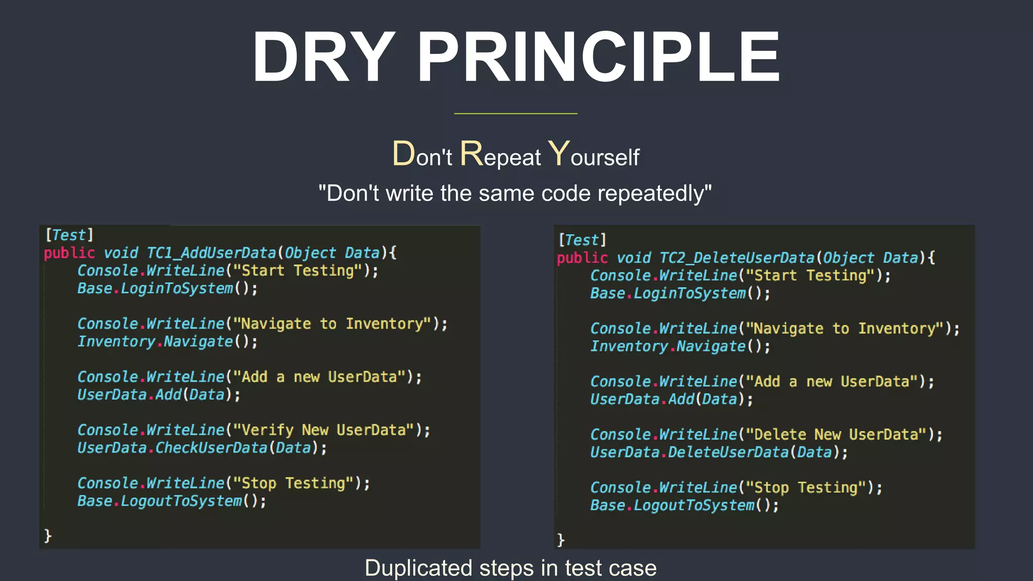 DRY PRINCIPLE Don't Repeat Yourself "Don't write the same code repeatedly" Duplicated steps in test case 