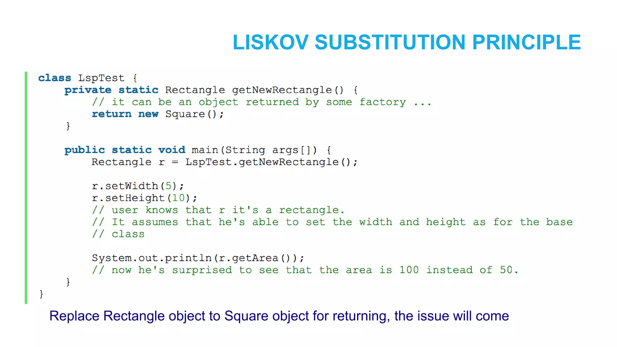 LISKOV SUBSTITUTION PRINCIPLE Replace Rectangle object to Square object for returning, the issue will come 