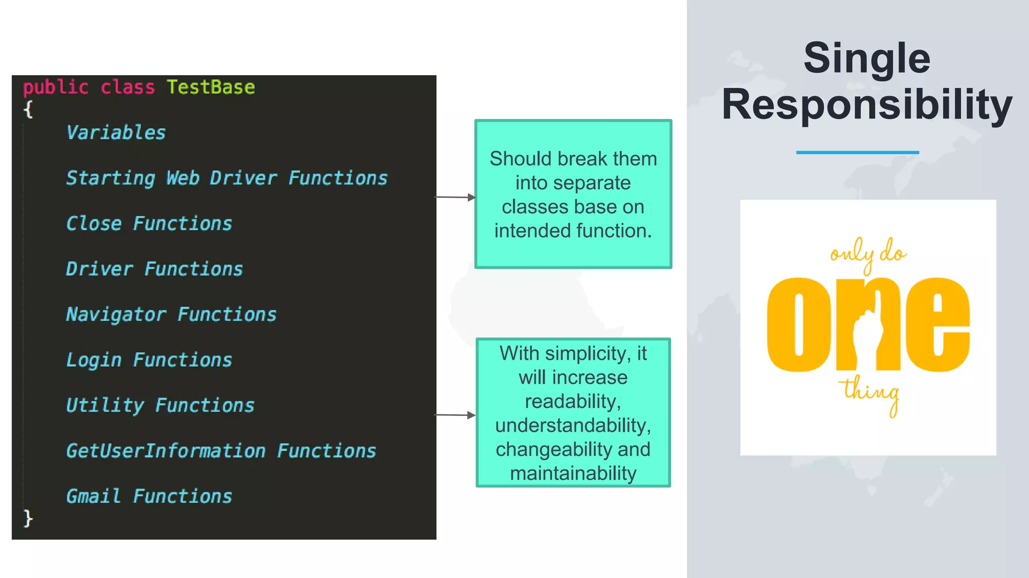 Single Responsibility Should break them into separate classes base on intended function. With simplicity, it will increase readability, understandability, changeability and maintainability 