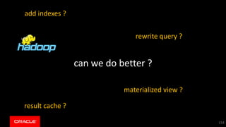 154
can we do better ?
add indexes ?
rewrite query ?
result cache ?
materialized view ?
 