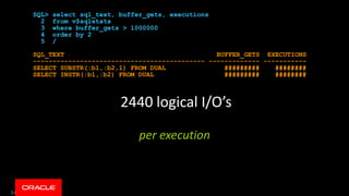54
2440 logical I/O’s
per execution
SQL> select sql_text, buffer_gets, executions
2 from v$sqlstats
3 where buffer_gets > 1000000
4 order by 2
5 /
SQL_TEXT BUFFER_GETS EXECUTIONS
-------------------------------------------- ------------- -----------
SELECT SUBSTR(:b1,:b2,1) FROM DUAL ######### ########
SELECT INSTR(:b1,:b2) FROM DUAL ######### ########
 