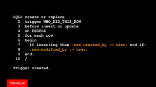 SQL> create or replace
2 trigger WHO_DID_THIS_ROW
3 before insert or update
4 on PEOPLE
5 for each row
6 begin
7 if inserting then :new.created_by := user; end if;
8 :new.modified_by := user;
9 end;
10 /
Trigger created.
 
