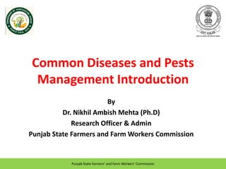 Common Diseases and Pests
Management Introduction
By
Dr. Nikhil Ambish Mehta (Ph.D)
Research Officer & Admin
Punjab State Farmers and Farm Workers Commission
Punjab State Farmers’ and Farm Workers’ Commission
 
