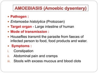  Pathogen :
 Entamoeba histolytica (Protozoan)
 Target organ - Large intestine of human
 Mode of transmission :
 Houseflies transmit the parasite from faeces of
infected person to food, food products and water.
 Symptoms :
i. Constipation
ii. Abdominal pain and cramps
iii. Stools with excess mucous and blood clots
 
