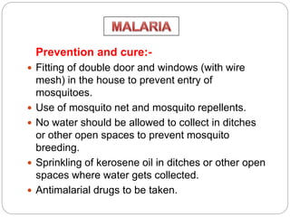 Prevention and cure:-
 Fitting of double door and windows (with wire
mesh) in the house to prevent entry of
mosquitoes.
 Use of mosquito net and mosquito repellents.
 No water should be allowed to collect in ditches
or other open spaces to prevent mosquito
breeding.
 Sprinkling of kerosene oil in ditches or other open
spaces where water gets collected.
 Antimalarial drugs to be taken.
 