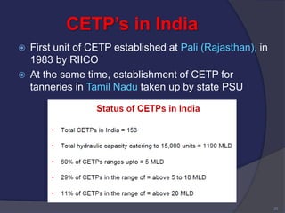 CETP’s in India
 First unit of CETP established at Pali (Rajasthan), in
1983 by RIICO
 At the same time, establishment of CETP for
tanneries in Tamil Nadu taken up by state PSU
20
 