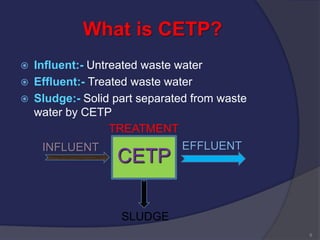 What is CETP?
 Influent:- Untreated waste water
 Effluent:- Treated waste water
 Sludge:- Solid part separated from waste
water by CETP
8
INFLUENT
CETP
TREATMENT
EFFLUENT
SLUDGE
 