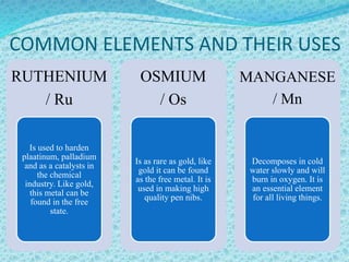 COMMON ELEMENTS AND THEIR USES
RUTHENIUM
/ Ru
Is used to harden
plaatinum, palladium
and as a catalysts in
the chemical
industry. Like gold,
this metal can be
found in the free
state.
OSMIUM
/ Os
Is as rare as gold, like
gold it can be found
as the free metal. It is
used in making high
quality pen nibs.
MANGANESE
/ Mn
Decomposes in cold
water slowly and will
burn in oxygen. It is
an essential element
for all living things.
 