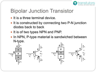 Bipolar Junction Transistor
It is a three terminal device.
It is constructed by connecting two P-N junction
diodes back to back
It is of two types NPN and PNP.
In NPN, P-type material is sandwiched between
N-type.