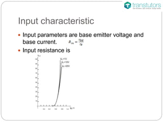 Input characteristic
Input parameters are base emitter voltage and
base current.
Input resistance is