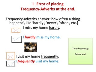 ii. Error of placing
Frequency-Adverbs at the end.
Frequency-adverbs answer ‘how often a thing
happens’, like ‘hardly’, ‘never’, ‘often’, etc.]
I miss my home hardly.
I hardly miss my home.
I visit my home frequently.
I frequently visit my home.
Time-Frequency:
Before verb
 