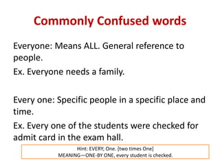 Commonly Confused words
Everyone: Means ALL. General reference to
people.
Ex. Everyone needs a family.
Every one: Specific people in a specific place and
time.
Ex. Every one of the students were checked for
admit card in the exam hall.
Hint: EVERY; One. [two times One]
MEANING—ONE-BY ONE, every student is checked.
 
