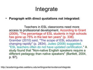 Integrate
• Paragraph with direct quotations not integrated:
Teachers in ESL classrooms need more
access to professional development. According to Grant
(2009), "The percentage of ESL students in high schools
has gone up 75% in the last ten years" (p. 338).
Gramber (2010) said, "The scope of ESL education is
changing rapidly" (p. 2834). Judes (2008) suggested,
"ESL teachers often do not have updated certification." A
study found that "Non-native English speakers require a
different pedagogy than native speakers" (Bartlett, 2004,
p. 97).
http://academicguides.waldenu.edu/writingcenter/evidence/integrate
 