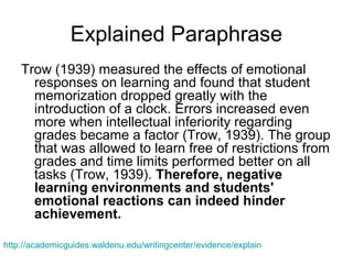 Explained Paraphrase
Trow (1939) measured the effects of emotional
responses on learning and found that student
memorization dropped greatly with the
introduction of a clock. Errors increased even
more when intellectual inferiority regarding
grades became a factor (Trow, 1939). The group
that was allowed to learn free of restrictions from
grades and time limits performed better on all
tasks (Trow, 1939). Therefore, negative
learning environments and students'
emotional reactions can indeed hinder
achievement.
http://academicguides.waldenu.edu/writingcenter/evidence/explain
 