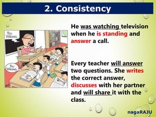 nagaRAJU
2. Consistency
He was watching television
when he is standing and
answer a call.
Every teacher will answer
two questions. She writes
the correct answer,
discusses with her partner
and will share it with the
class.
He was watching television
when he is standing and
answer a call.
Every teacher will answer
two questions. She writes
the correct answer,
discusses with her partner
and will share it with the
class.
 