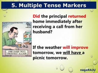 nagaRAJU
5. Multiple Tense Markers
Did the principal returned
home immediately after
receiving a call from her
husband?
If the weather will improve
tomorrow, we will have a
picnic tomorrow.
Did the principal returned
home immediately after
receiving a call from her
husband?
If the weather will improve
tomorrow, we will have a
picnic tomorrow.
 