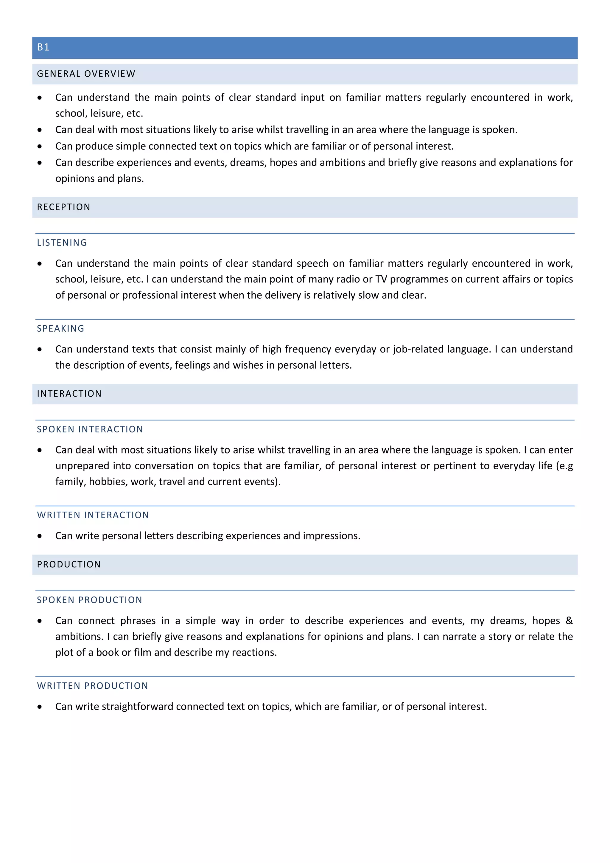 B1
GENERAL OVERVIEW
• Can understand the main points of clear standard input on familiar matters regularly encountered in work,
school, leisure, etc.
• Can deal with most situations likely to arise whilst travelling in an area where the language is spoken.
• Can produce simple connected text on topics which are familiar or of personal interest.
• Can describe experiences and events, dreams, hopes and ambitions and briefly give reasons and explanations for
opinions and plans.
RECEPTION
LISTENING
• Can understand the main points of clear standard speech on familiar matters regularly encountered in work,
school, leisure, etc. I can understand the main point of many radio or TV programmes on current affairs or topics
of personal or professional interest when the delivery is relatively slow and clear.
SPEAKING
• Can understand texts that consist mainly of high frequency everyday or job-related language. I can understand
the description of events, feelings and wishes in personal letters.
INTERACTION
SPOKEN INTERACTION
• Can deal with most situations likely to arise whilst travelling in an area where the language is spoken. I can enter
unprepared into conversation on topics that are familiar, of personal interest or pertinent to everyday life (e.g
family, hobbies, work, travel and current events).
WRITTEN INTERACTION
• Can write personal letters describing experiences and impressions.
PRODUCTION
SPOKEN PRODUCTION
• Can connect phrases in a simple way in order to describe experiences and events, my dreams, hopes &
ambitions. I can briefly give reasons and explanations for opinions and plans. I can narrate a story or relate the
plot of a book or film and describe my reactions.
WRITTEN PRODUCTION
• Can write straightforward connected text on topics, which are familiar, or of personal interest.
 
