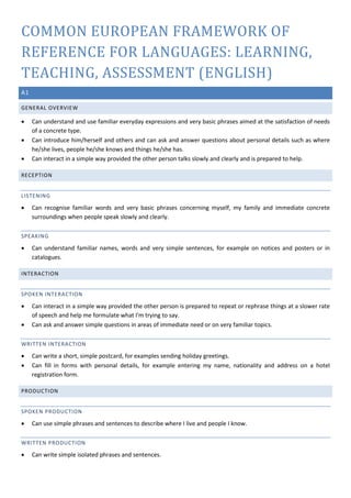 COMMON EUROPEAN FRAMEWORK OF
REFERENCE FOR LANGUAGES: LEARNING,
TEACHING, ASSESSMENT (ENGLISH)
A1
GENERAL OVERVIEW
• Can u...