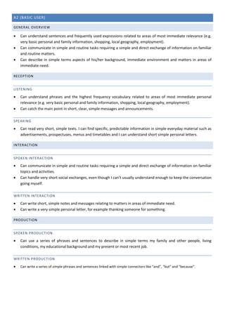A2 (BASIC USER)
GENERAL OVERVIEW
• Can understand sentences and frequently used expressions related to areas of most immed...