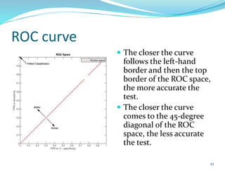 ROC curve
 The closer the curve
follows the left-hand
border and then the top
border of the ROC space,
the more accurate the
test.
 The closer the curve
comes to the 45-degree
diagonal of the ROC
space, the less accurate
the test.
43
 