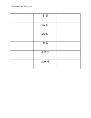 CommonFoodand DrinkItems
冰茶
热茶
冰水
热水
冰可乐
热咖啡